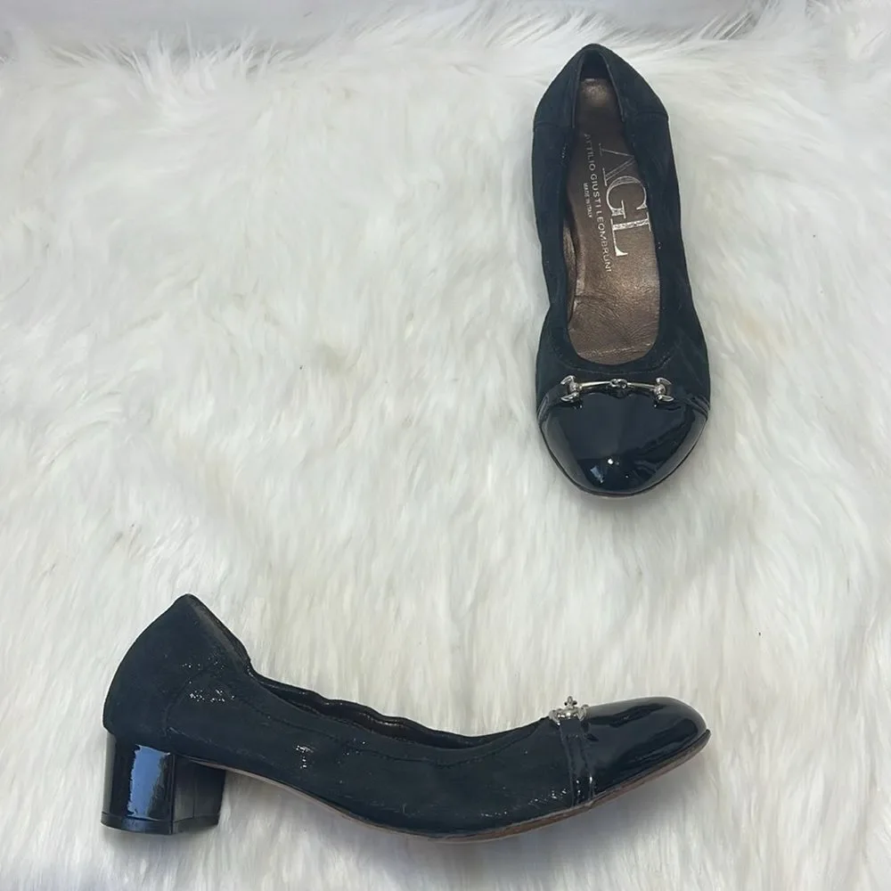 AGL Attilio Giusti Leombuni Black Metallic Cap Toe Horse Bit Heel Sz 39.5/US 7.5